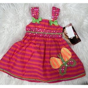 NWT Younghearts Sundress Girls 18 month Pink Neon Butterfly Striped